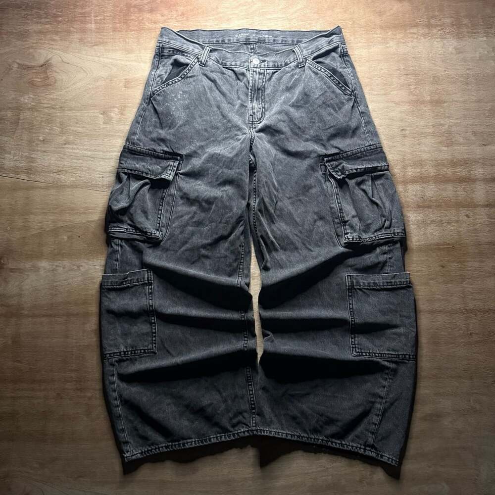 Old Navy Faded Black Denim Cargo Jeans Women’s 12 Mid Rise Baggy Wide Leg Y2K